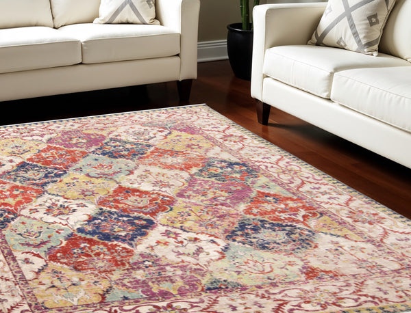 Homeroots 8' X 10' Ivory Red And Blue Floral Power Loom Area Rug Red Viscose 565988