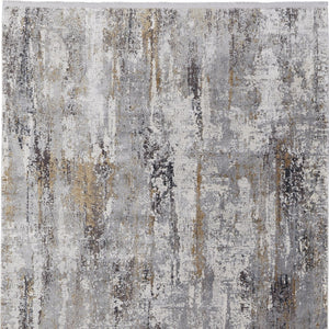 HomeRoots 3' Modern Gray Ivory Gold Abstract Power Loomed Area Rug with Fringed Edges for Stylish Spaces 10' X 13' 565996