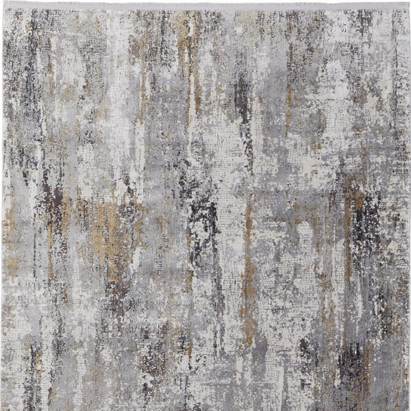 HomeRoots 3' Modern Gray Ivory Gold Abstract Power Loomed Area Rug with Fringed Edges for Stylish Spaces 10' X 13' 565996