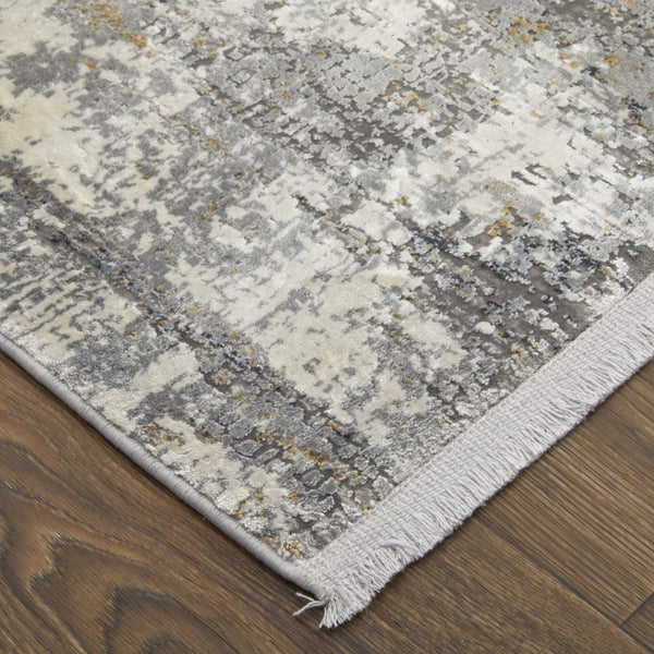 HomeRoots 3' Modern Gray Ivory Gold Abstract Power Loomed Area Rug with Fringed Edges for Stylish Spaces 10' Runner 565997
