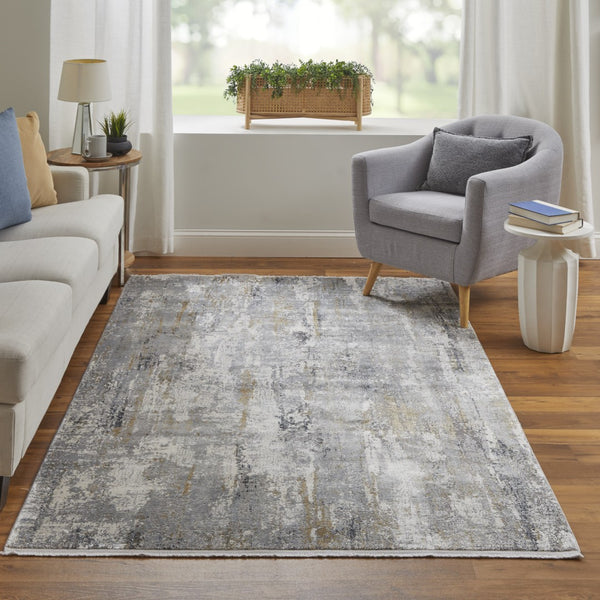 HomeRoots 3' Modern Gray Ivory Gold Abstract Power Loomed Area Rug with Fringed Edges for Stylish Spaces 10' Runner 565997