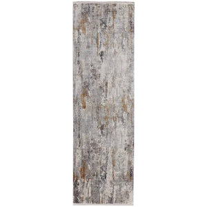 HomeRoots 3' Modern Gray Ivory Gold Abstract Power Loomed Area Rug with Fringed Edges for Stylish Spaces 10' Runner 565997
