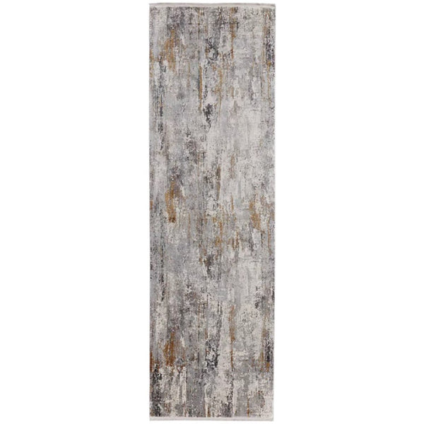HomeRoots 3' Modern Gray Ivory Gold Abstract Power Loomed Area Rug with Fringed Edges for Stylish Spaces 10' Runner 565997