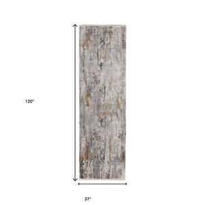 HomeRoots 3' Modern Gray Ivory Gold Abstract Power Loomed Area Rug with Fringed Edges for Stylish Spaces 10' Runner 565997