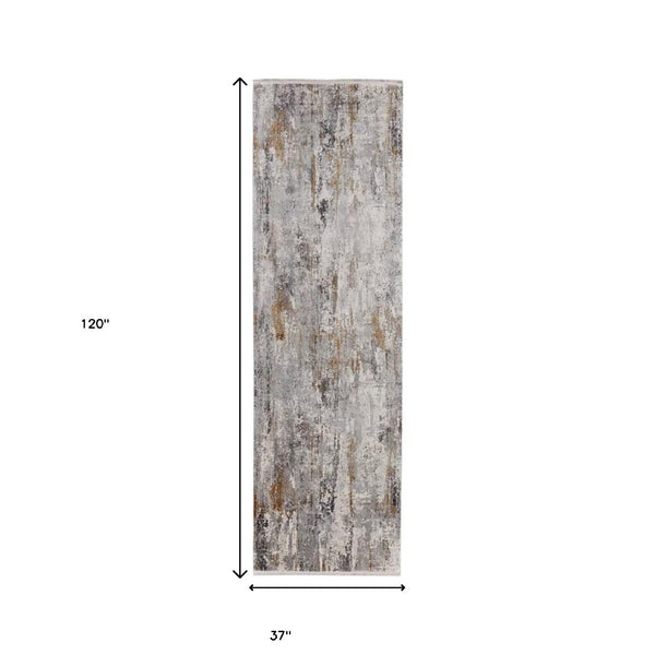 HomeRoots 3' Modern Gray Ivory Gold Abstract Power Loomed Area Rug with Fringed Edges for Stylish Spaces 10' Runner 565997