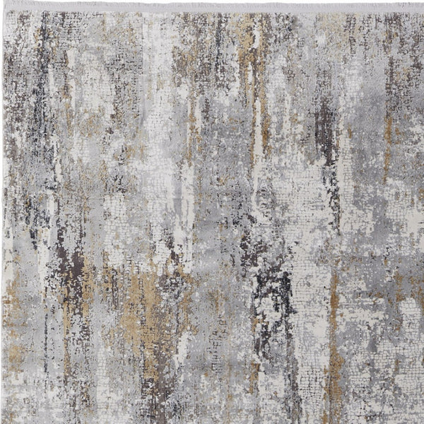 HomeRoots 3' Modern Gray Ivory Gold Abstract Power Loomed Area Rug with Fringed Edges for Stylish Spaces 13' X 20' 565999