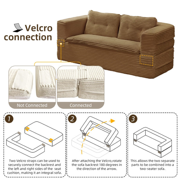 English Elm Multi Purpose Corduroy Sectional with Chaise Converts to King Floor Bed Deep Seat Camel W3219S00006