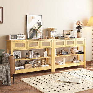 English Elm 43.3" Farmhouse Console Table Rattan Drawer Fronts Open Shelving Entryway Storage Natural Wood T3210P426416
