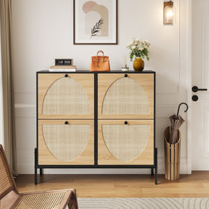 English Elm Space-saving Rattan Shoe Cabinet Artisan Woven Entryway Organizer with Flip Doors W5221P414216