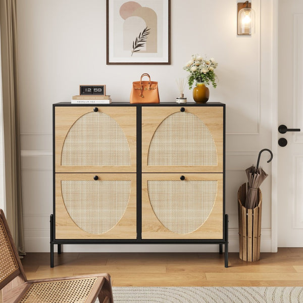 English Elm Space-saving Rattan Shoe Cabinet Artisan Woven Entryway Organizer with Flip Doors W5221P414216