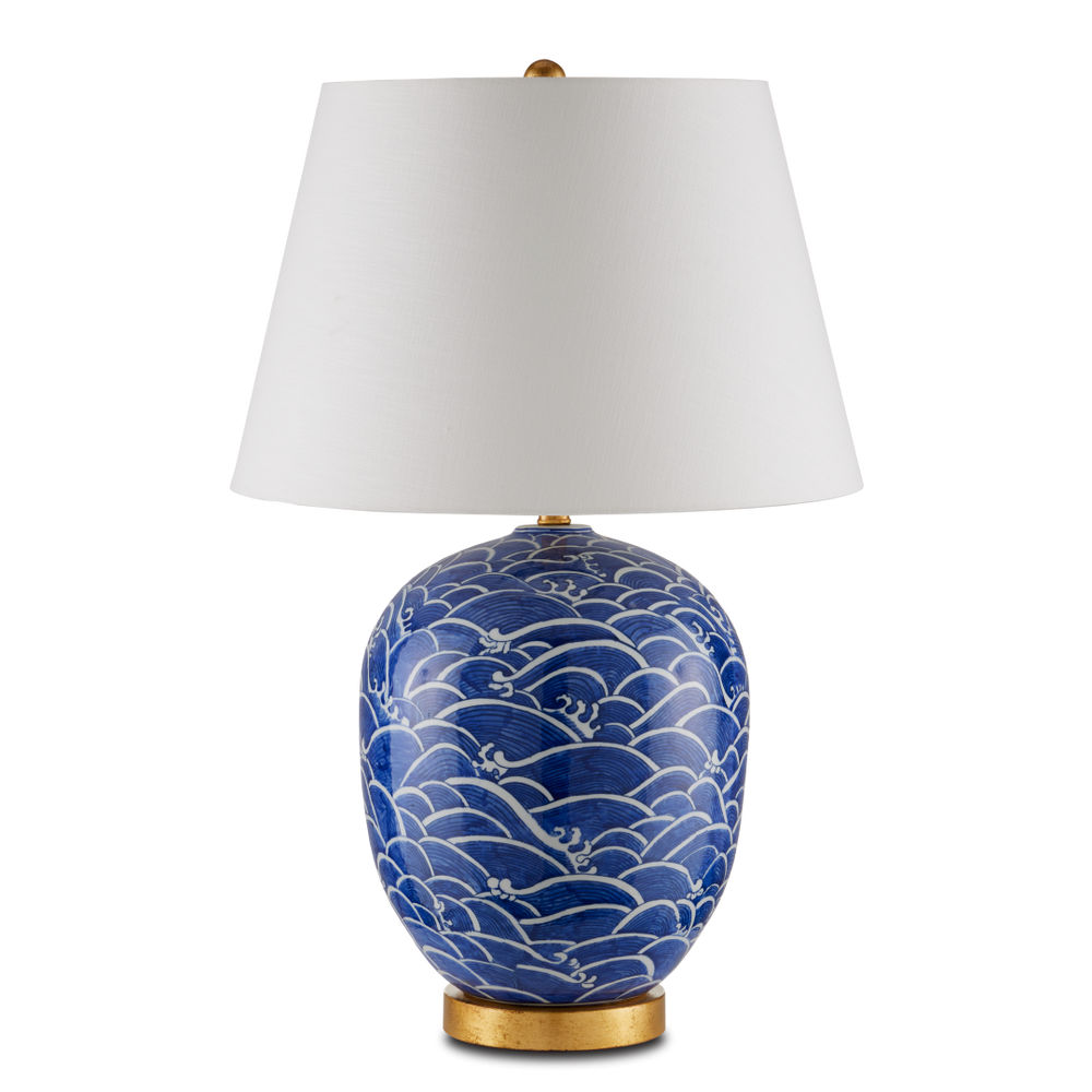 Nami Blue Table Lamp – Handcrafted Porcelain with Gold Leaf Base, Off-White Shade, Artisanal Elegance