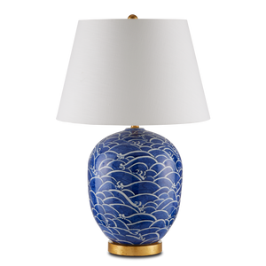 Nami Blue Table Lamp – Handcrafted Porcelain with Gold Leaf Base, Off-White Shade, Artisanal Elegance