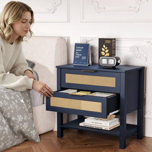 English Elm Rattan Front Boho Coastal Nightstand with Gold Pulls Open Shelf and Woven Drawer Accents Navy Blue T3210P471551