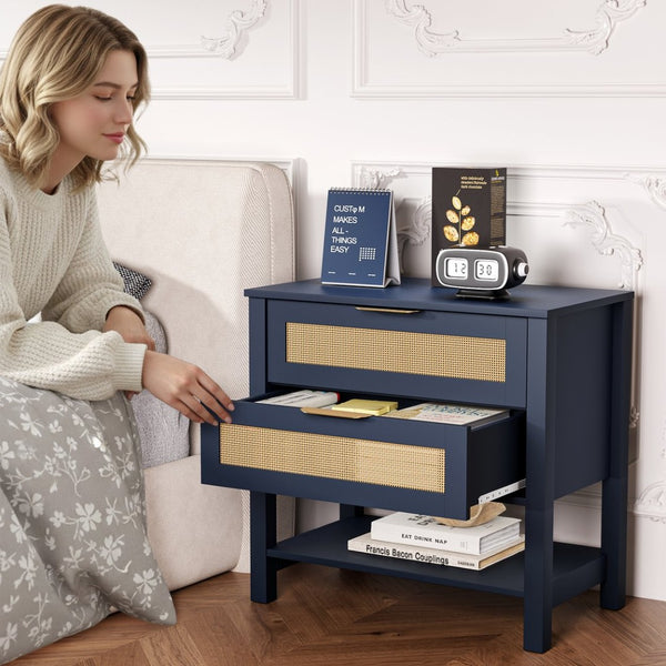 English Elm Rattan Front Boho Coastal Nightstand with Gold Pulls Open Shelf and Woven Drawer Accents Navy Blue T3210P471551