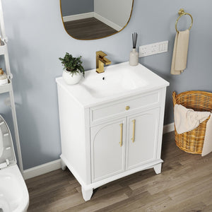 English Elm 27.8" Mid-century Freestanding Bathroom Vanity with Ceramic Sink Drawer and Wood Base White W1801S00004