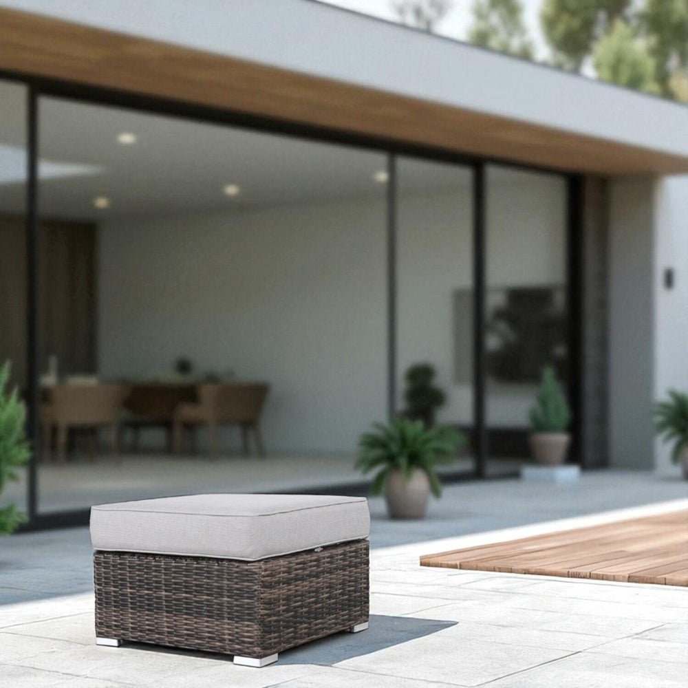 English Elm Outdoor Ottoman with Cushion Fully Assembled — Square Wicker Footrest, Gray Olefin Cushion, Rustproof Frame B120P361804