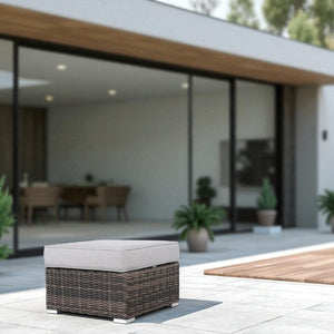 English Elm Outdoor Ottoman with Cushion Fully Assembled — Square Wicker Footrest, Gray Olefin Cushion, Rustproof Frame B120P361804