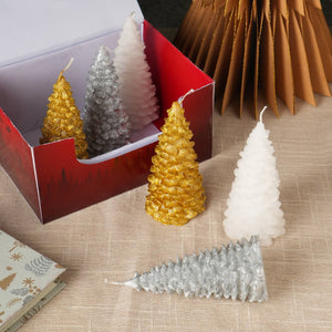 English Elm Holiday Elegance Soy Wax Candle Set - 6 Tree-Shaped Candles In Gold, Silver & White For Festive Décor B346P336830