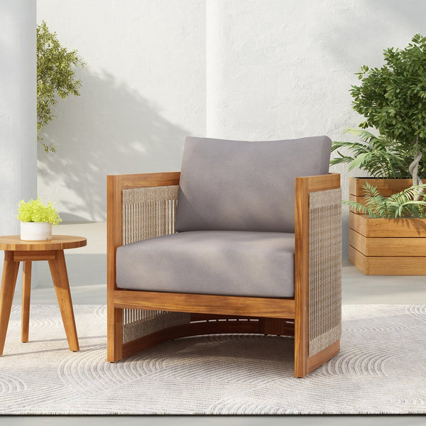 English Elm Christopher Knight Home® - Premium Acacia Wood Outdoor Club Chair With Curved Tub Design, Woven Rope, Water-Resistant Cushions N767P367654E