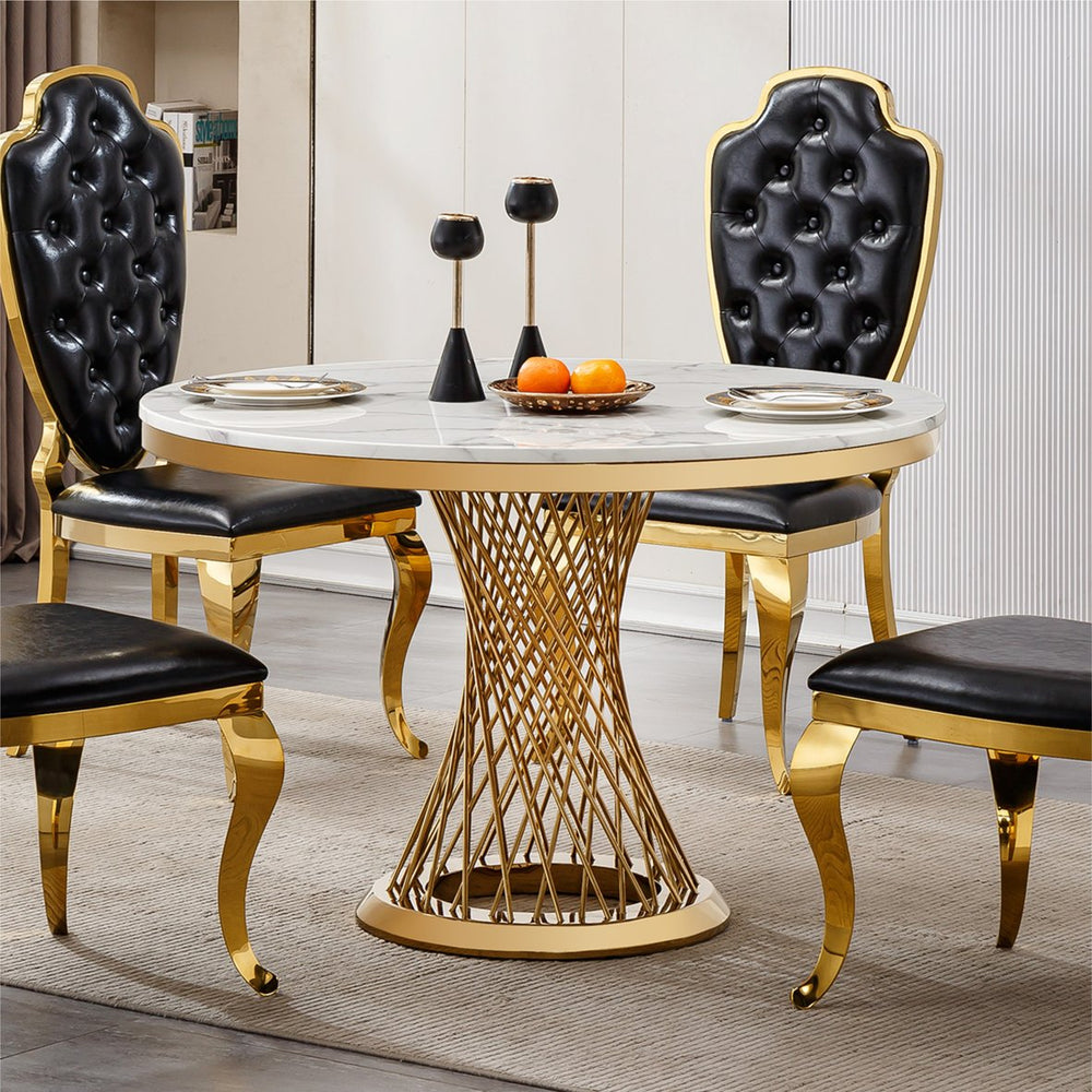 English Elm 47" Round Marble Dining Table - Luxurious Faux Marble Top & Sturdy Stainless Steel Base For Versatile Use W3456S00002