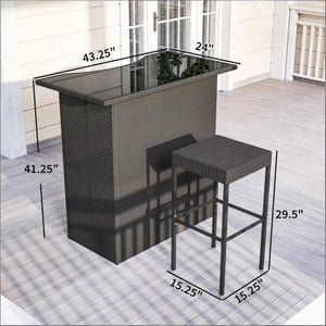 English Elm Bar Height Outdoor Wicker Patio Set with Tempered Glass Table and Four Stools Dark Brown T3971S00212