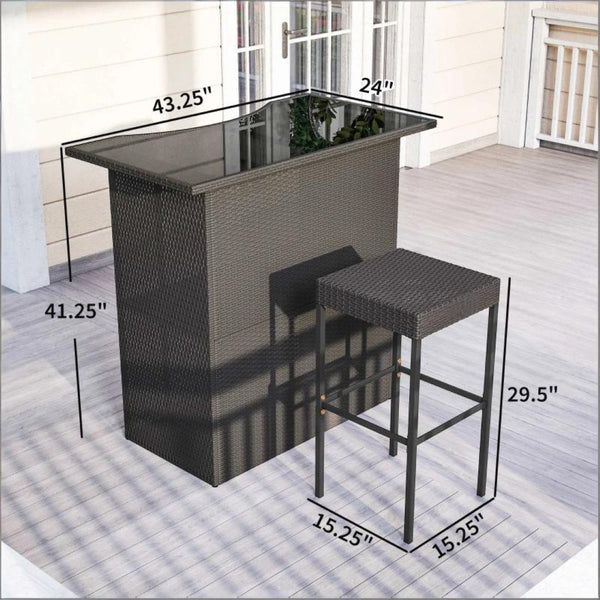 English Elm Bar Height Outdoor Wicker Patio Set with Tempered Glass Table and Four Stools Dark Brown T3971S00212