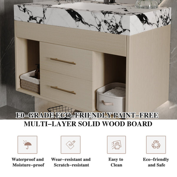 English Elm 29.9" Floating Bathroom Vanity Sintered Stone Top Soft Close Drawers Bronze Gold Hardware White+Black,Wood W3136S00035