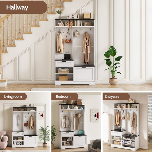 English Elm Hall Tree Entryway Organizer with Bench Seat Shoe Cabinet and Coat Hooks Mdf Farmhouse White+Black T5618P448219