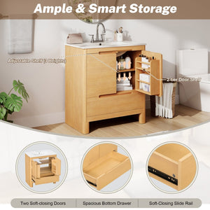 English Elm [video] 30 Inch Freestanding Bathroom Vanity Pine Legs Ceramic Sink Soft Close Storage Oak N759P412928O