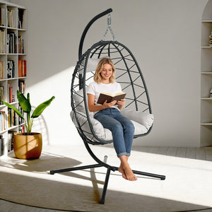 English Elm Hanging Wicker Egg Swing Chair with Stand Ergonomic Cradle for Patio or Bedroom T5880P497555