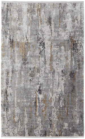 HomeRoots 3' Modern Gray Ivory Gold Abstract Power Loomed Area Rug with Fringed Edges for Stylish Spaces 12' X 15' 566000