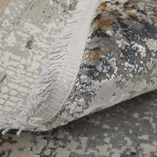 HomeRoots 3' Modern Gray Ivory Gold Abstract Power Loomed Area Rug with Fringed Edges for Stylish Spaces 12' X 15' 566000