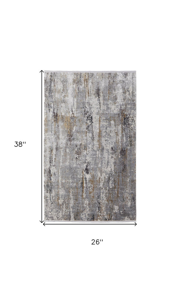 HomeRoots 3' Modern Gray Ivory Gold Abstract Power Loomed Area Rug with Fringed Edges for Stylish Spaces 2' X 3' 566001