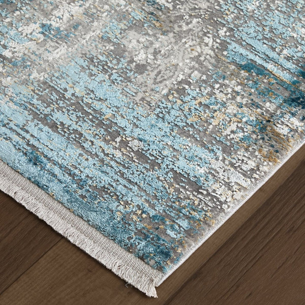 HomeRoots 3' Modern Abstract Ivory Gray and Blue Power Loom Area Rug with Tasseled Edges for Style & Comfort 10' Runner 566017