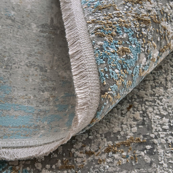 HomeRoots 3' Modern Abstract Ivory Gray and Blue Power Loom Area Rug with Tasseled Edges for Style & Comfort 10' Runner 566017