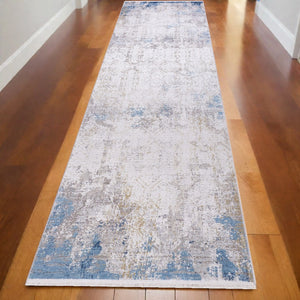 HomeRoots 3' Modern Abstract Ivory Gray and Blue Power Loom Area Rug with Tasseled Edges for Style & Comfort 10' Runner 566017
