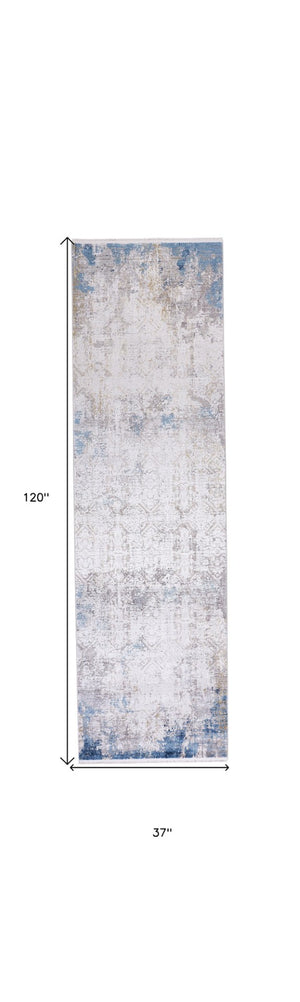 HomeRoots 3' Modern Abstract Ivory Gray and Blue Power Loom Area Rug with Tasseled Edges for Style & Comfort 10' Runner 566017