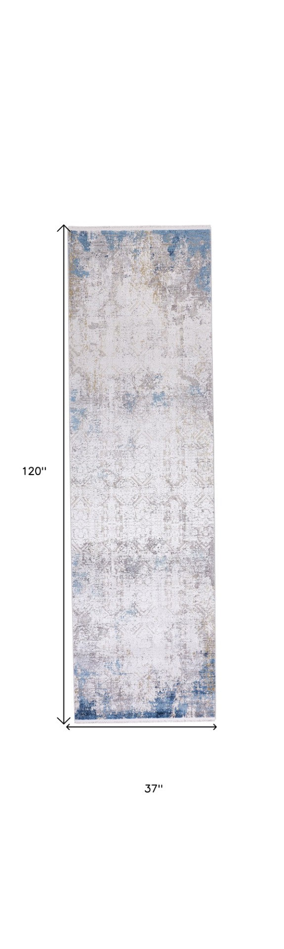 HomeRoots 3' Modern Abstract Ivory Gray and Blue Power Loom Area Rug with Tasseled Edges for Style & Comfort 10' Runner 566017