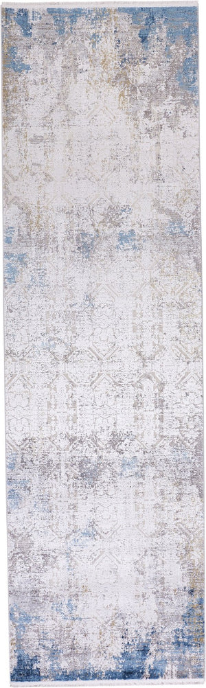 HomeRoots 3' Modern Abstract Ivory Gray and Blue Power Loom Area Rug with Tasseled Edges for Style & Comfort 10' Runner 566017