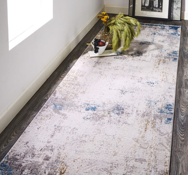 HomeRoots 3' Modern Abstract Ivory Gray and Blue Power Loom Area Rug with Tasseled Edges for Style & Comfort 10' Runner 566017