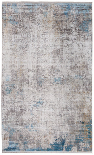 HomeRoots 3' Modern Abstract Ivory Gray and Blue Power Loom Area Rug with Tasseled Edges for Style & Comfort 12' X 18' 566018