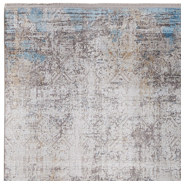 HomeRoots 3' Modern Abstract Ivory Gray and Blue Power Loom Area Rug with Tasseled Edges for Style & Comfort 12' X 18' 566018