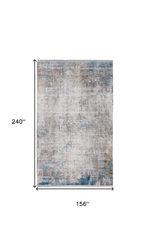 HomeRoots 3' Modern Abstract Ivory Gray and Blue Power Loom Area Rug with Tasseled Edges for Style & Comfort 13' X 20' 566019