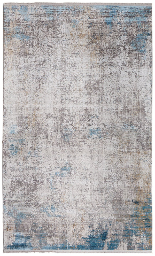 HomeRoots 3' Modern Abstract Ivory Gray and Blue Power Loom Area Rug with Tasseled Edges for Style & Comfort 12' X 15' 566020