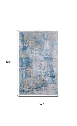 HomeRoots 3' Blue Gold and Gray Abstract Power Loom Area Rug with Fringed Edges for Modern Home Decor 3' X 5' 566022