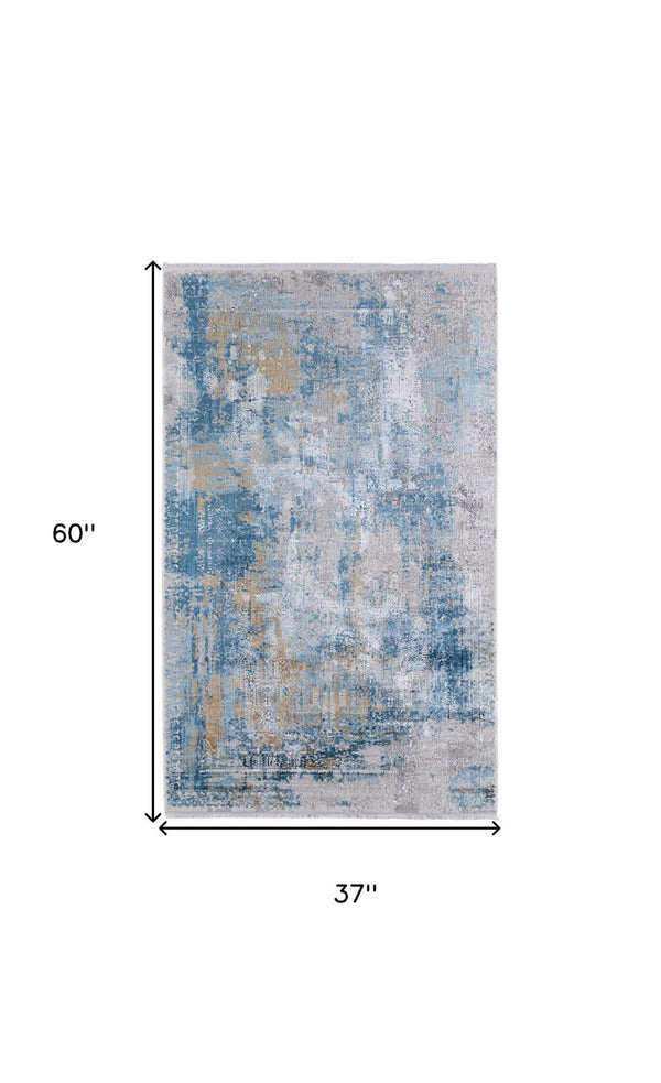 HomeRoots 3' Blue Gold and Gray Abstract Power Loom Area Rug with Fringed Edges for Modern Home Decor 3' X 5' 566022