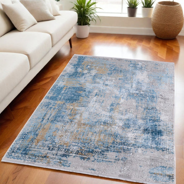 HomeRoots 3' Blue Gold and Gray Abstract Power Loom Area Rug with Fringed Edges for Modern Home Decor 5' X 8' 566023