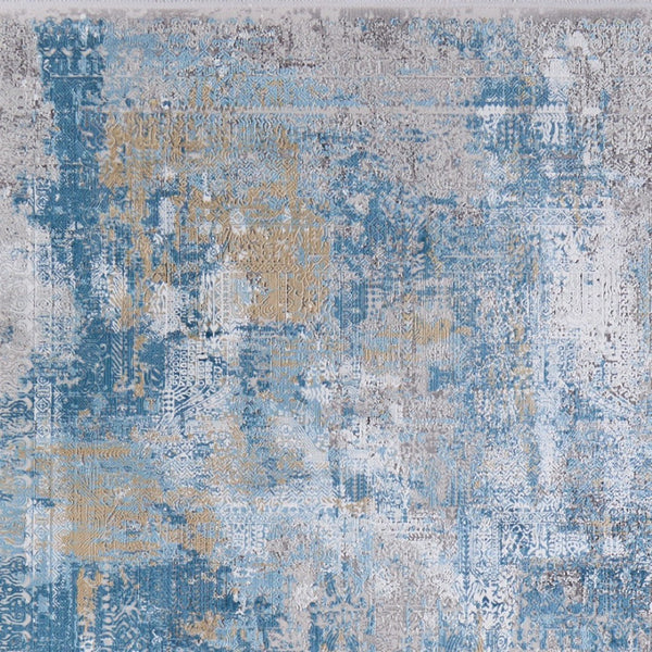 HomeRoots 3' Blue Gold and Gray Abstract Power Loom Area Rug with Fringed Edges for Modern Home Decor 5' X 8' 566023