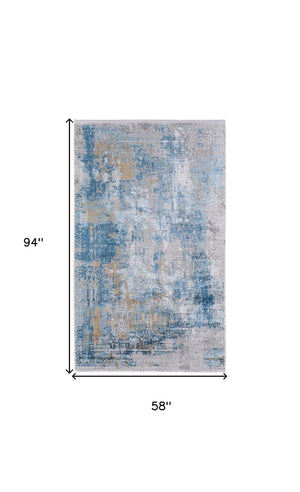 HomeRoots 3' Blue Gold and Gray Abstract Power Loom Area Rug with Fringed Edges for Modern Home Decor 5' X 8' 566023