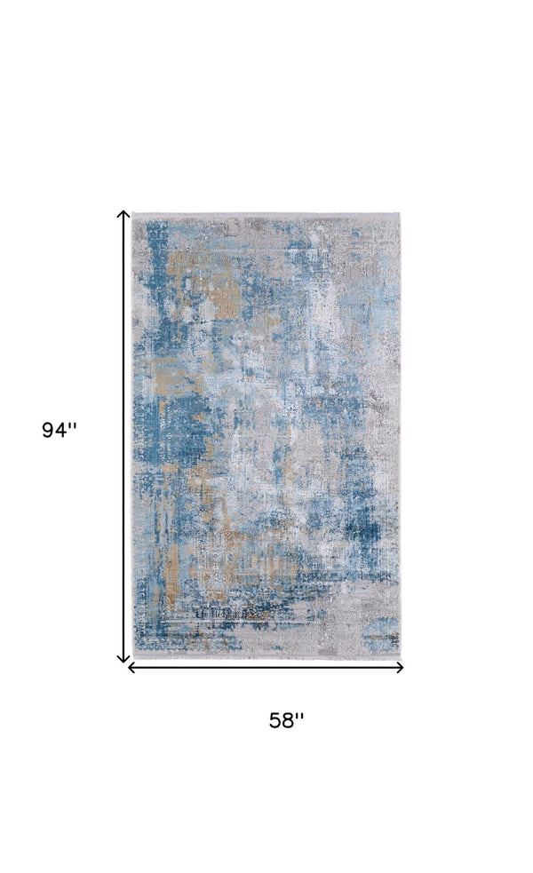HomeRoots 3' Blue Gold and Gray Abstract Power Loom Area Rug with Fringed Edges for Modern Home Decor 5' X 8' 566023